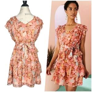 Marie Oliver | Women | Thea Silk Metallic Peachy Peonies  Mini Dress | Medium
